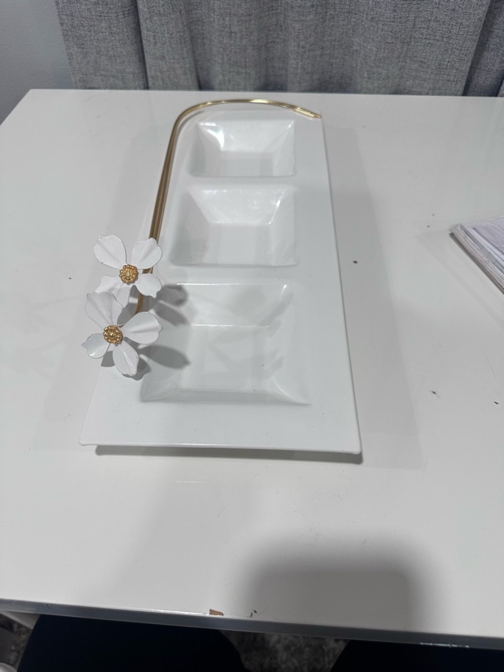 White Porcelain Sectional Serving Tray with Gold Accent